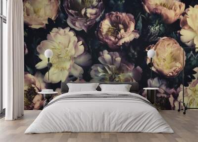 Vintage bouquet of beautiful peonies on black. Floristic decoration. Floral background. Baroque old fashiones style. Natural flowers pattern wallpaper or greeting card Wall mural