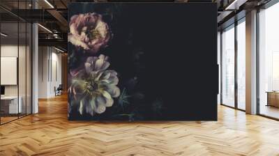 Vintage bouquet of beautiful peonies on black. Floristic decoration. Floral background. Baroque old fashiones style. Natural flowers pattern wallpaper or greeting card Wall mural