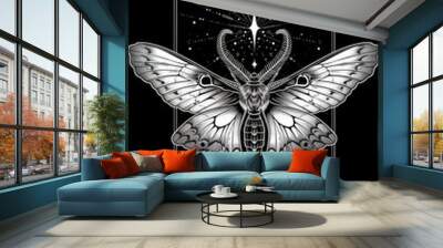 Celestial skeleton moth surrounded by occult symbolism, folk monochrome art,  Wall mural