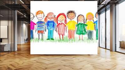 Generative AI, Pencil drawn art by child, naive kids illustration of different multiethnic people, diversity concept on white background	
 Wall mural