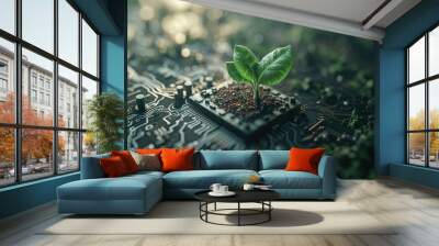 Generative AI, Plant growing from the circuit board. Ecology and environment concept	
 Wall mural