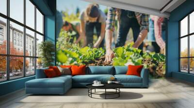 Inspiring photo of a diverse group of people working together in a community garden, cultivating organic produce and composting food waste Wall mural