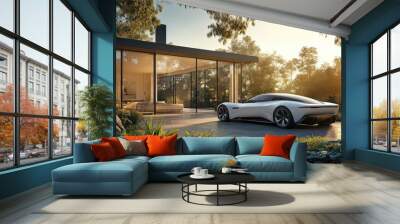 Luxury vehicle parked by a modern minimalist home with floor-to-ceiling windows, set against a tranquil backdrop of lush greenery, capturing the understated allure of quiet luxury in architecture  Wall mural