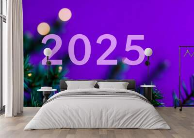 2025 New Year's Eve Celebration with Festive Pine Branches and Bokeh Lights Wall mural