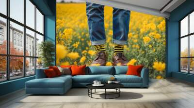 A man in a field of yellow flowers Wall mural