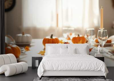 Autumnal Table Setting with Pumpkins and Leaves Wall mural