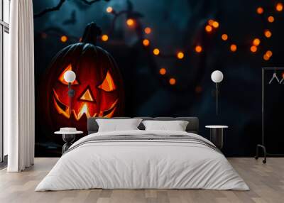 carved pumpkin with a lit candle Wall mural