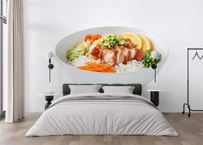 Close-up of a bowl of teriyaki salmon with rice and vegetables Wall mural