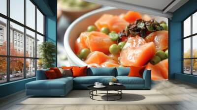 Close-up of Salmon Salad with Peas and Black Mushrooms Wall mural