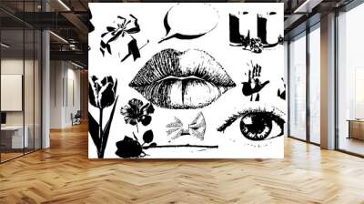 collection of black and white graphic design elements including hearts, flowers, lips, eyes, butterflies, bows, and more. Wall mural