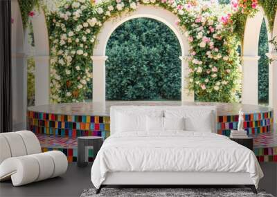 Colorful Mosaic Patio Table with Rose Arches Wall mural