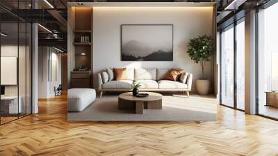 Cozy Living Room with Minimalist Decor and Mountain View Wall mural