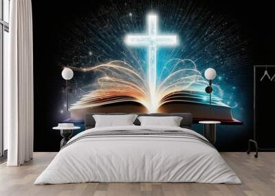 Divine knowledge: Glowing cross hovers above open book as a symbol of religious wisdom - Generative AI Wall mural