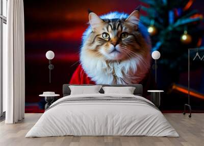 Festive Cat Dressed as Santa Claus Wall mural