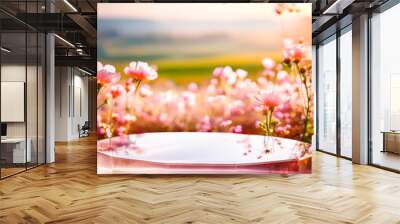 Glass Podium in a Field of Pink Flowers at Sunset Wall mural