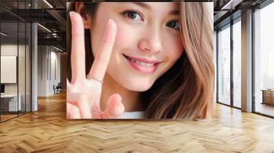 Happy Young Woman With Long Brown Hair Showing Two Fingers Wall mural