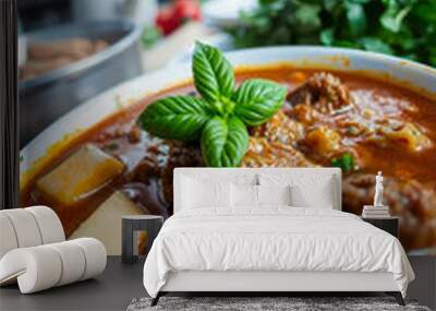 hearty stew with tender meat creamy white pieces fresh herbs Wall mural