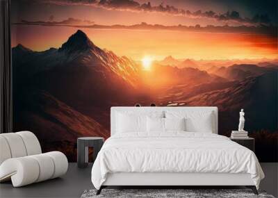 Mountaintop Romance: A Couple Watches the Sunset Wall mural