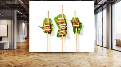 Skewers with Fried Chicken and White Rounds on Green Leaves Wall mural