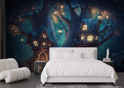 The Enchanted Forest: Houses and Lamp Light at Night - Generative AI Wall mural