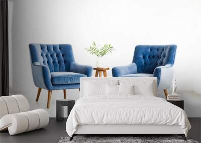 Two Blue Velvet Armchairs and Wooden Table in a Minimalist Interior Wall mural