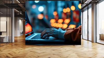 Woman Coding on Laptop in a Dark Room Wall mural