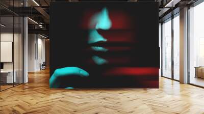 Abstract fashion concept. Woman face in black shadow background with copy space in red and blue color split effect style. Nose is in camera focus. Selective focus and image with shallow depth of field Wall mural