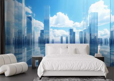 Abstract glass skyscrapers in vivid blue sky with clouds background. Minimalist and surreal fantasy background. Vivid blue sky. Background with copy space. Generative AI Wall mural