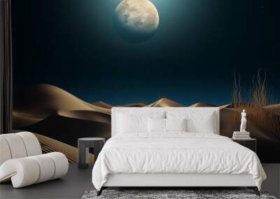 Abstract sand dunes landscape with moon at night. 3D modern art mural wallpaper with matte dark blue background. Dark landscape with stars and moon. Minimalistic style. Generative AI Wall mural