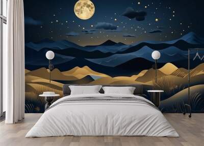 Abstract sand dunes landscape with moon at night. 3D modern art mural wallpaper with matte dark blue background. Dark landscape with stars and moon. Minimalistic style. Generative AI Wall mural