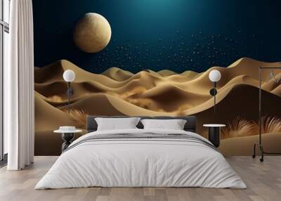 Abstract sand dunes landscape with moon at night. 3D modern art mural wallpaper with matte dark blue background. Dark landscape with stars and moon. Minimalistic style. Generative AI Wall mural