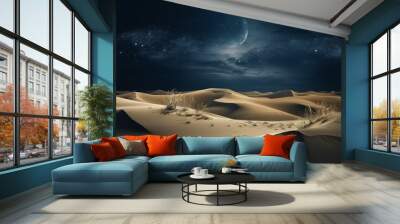 Abstract sand dunes landscape with moon at night. 3D modern art mural wallpaper with matte dark blue background. Dark landscape with stars and moon. Minimalistic style. Generative AI Wall mural