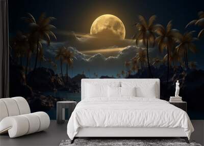 Abstract tropical island landscape. 3D modern art mural wallpaper with matte dark blue background. Dark landscape with palm trees, moon, mountains and ocean. Minimalistic style. Generative AI Wall mural