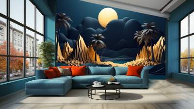 Abstract tropical island landscape. 3D modern art mural wallpaper with matte dark blue background. Dark landscape with palm trees, moon, mountains and ocean. Minimalistic style. Generative AI Wall mural