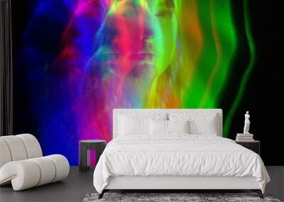 abstract woman silhouette portrait in bright light trails of light painting in rgb split style of re Wall mural