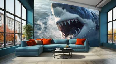 Animals, nature and wildlife concept. Great white shark swimming in deep blue waters. Generative AI Wall mural