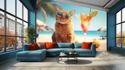 Animals, travel and vacation concept. Funny and cute looking cat on vacation relaxing near pool with exotic and tropical cocktail. Pet wearing sunglasses. Generative AI Wall mural