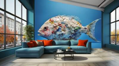 Animals, wildlife, environmental protection concept. Fish made from various colorful plastic waste like symbol of oceans, seas, rivers and lakes pollution. Generative AI Wall mural