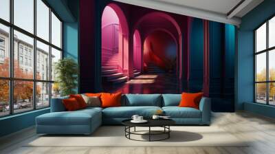 Architecture and interior design concept. Abstract retro minimalist interior colorful design background with copy space. Vivid colors, futuristic style with various objects in room. Generative AI Wall mural