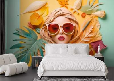 Beaut, fashion, travel, summer and vacation concept. Retro style fashion woman wearing trendy sunglasses portrait illustration. Minimalistic design in 3d paper art style. Generative AI Wall mural