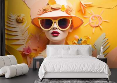 Beaut, fashion, travel, summer and vacation concept. Retro style fashion woman wearing trendy sunglasses portrait illustration. Minimalistic design in 3d paper art style. Generative AI Wall mural