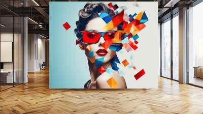 Beauty, fine art, fashion concept. Abstract modern art collage of woman portrait made of various and colorful geometric shapes and paint strokes. Generative AI Wall mural