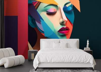 Beauty, fine art, fashion concept. Abstract modern art collage of woman portrait made of various and colorful geometric shapes. Generative AI Wall mural