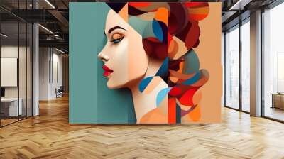 Beauty, fine art, fashion concept. Abstract modern art collage of woman portrait made of various and colorful geometric shapes. Generative AI Wall mural