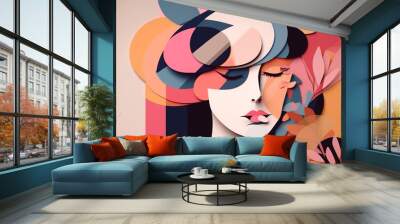 Beauty, fine art, fashion concept. Abstract modern art collage of woman portrait made of various and colorful geometric shapes. Generative AI Wall mural