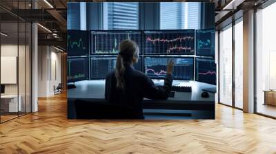 Business, finance and occupation concept. Woman doing analysis behind multiple screens showing charts and statistics. Stock, crypto, forex, financial market research. Generative AI Wall mural