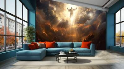 Culture, religion and sacral concept Abstract illustration and visualization of God light in sky with clouds. Generative AI Wall mural