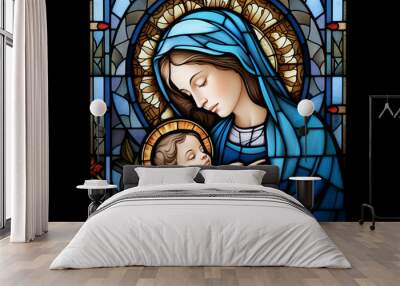 Culture and religion concept. Holy Mary holding baby Jesus Christ. Colorful stained glass window illustration in minimalist style. Generative AI Wall mural