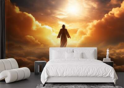 Culture and religion concept. Jesus Christ walking on clouds. Dramatic sunlight in background. Generative AI Wall mural