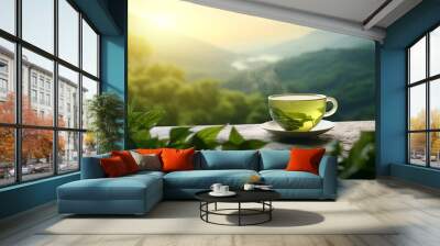 Drinks, leisure, healthy lifestyles and travel concept. Cup of green tea placed on table in tea plantations and mountains landscape background. Sun illumination. Generative AI Wall mural